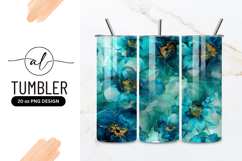 Abstract Floral Pattern Teal and Gold with Ink Wash Effect Product Image 1