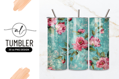 Painted Pink Roses and Green Leaves on Turquoise Textured Product Image 1
