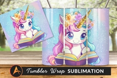 Cute Unicorn Reading Book With Flowers And Magical Tumbler Product Image 1