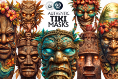 Tiki Mask Clipart Set, Polynesian Art, Tiki bar, hawaiian Product Image 1