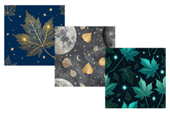 autumn astronomy seamless, constellation pattern design, cosmic leaves background, galaxy night print, shooting star motif, celestial aspen art, thistle pod decor, meteor trail paper, golden foliage design, astronomy digital paper