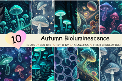 autumn bioluminescence seamless, glowing mushroom pattern, magical forest night, luminous fungi design, ethereal glow background, dark woodland paper, foxfire forest art, neon nature pattern, enchanted wood design, sci-fi flora paper