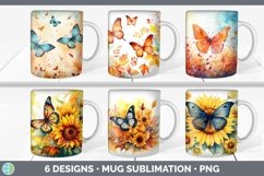 Bundle of six Watercolor Butterflies Mug Wrap designs.