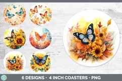 Bundle of six Watercolor Butterflies Round Coaster designs.