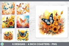 Bundle of six Watercolor Butterflies Square Coaster designs.