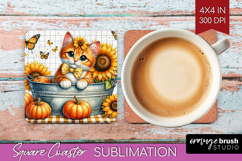 Cute Kitten Square Coaster - Autumn Cat Coaster PNG Product Image 1