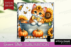Cute Kitten Slate PNG - Autumn Cat Square Slate Sublimation Product Image 1