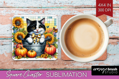 Cute Kitten Square Coaster - Autumn Cat Coaster PNG Product Image 1