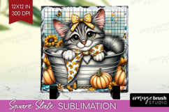 Cute Kitten Slate PNG - Autumn Cat Square Slate Sublimation Product Image 1
