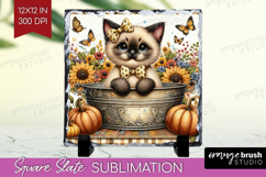 Cute Kitten Slate PNG - Autumn Cat Square Slate Sublimation Product Image 1
