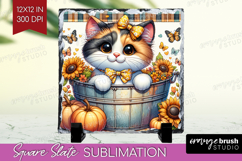 Cute Kitten Slate PNG - Autumn Cat Square Slate Sublimation Product Image 1