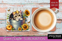 Cute Kitten Square Coaster - Autumn Cat Coaster PNG Product Image 1