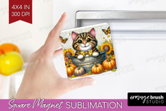 Cute Kitten Magnet Sublimation - Autumn Cat Square Magnet Product Image 1