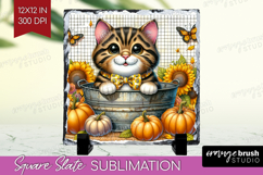 Cute Kitten Slate PNG - Autumn Cat Square Slate Sublimation Product Image 1