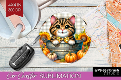 Cute Kitten Car Coaster - Autumn Cat Coaster PNG Sublimation Product Image 1