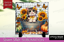 Cute Kitten Slate PNG - Autumn Cat Square Slate Sublimation Product Image 1