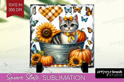 Cute Kitten Slate PNG - Autumn Cat Square Slate Sublimation Product Image 1