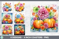 Bundle of six Watercolor Flowers Square Coaster designs.