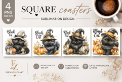 Black Cat Halloween Square Coaster PNG| Fantasy Pumpkin Product Image 1
