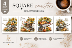 Happy Harvest Square Coaster PNG | Autumn Wheelbarrow Product Image 1
