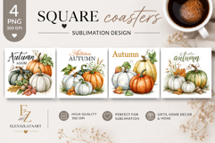Autumn Pumpkin Square Coaster PNG | Fall Pumpkin Sublimation Product Image 1