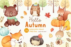Watercolor Autumn Woodland Clipart, Fall Forest Animals PNG Product Image 1