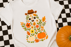 Cute autumn floral ghost with cowboy hat and pumpkins made of orange and yellow fall flowers and leaves High-quality PNG design for Halloween shirts mugs and seasonal crafts