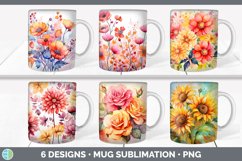 Bundle of six Watercolor Florals Mug Wrap designs.