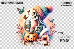 autumn girl clipart, skeleton pumpkin png, fall halloween sublimation, spooky cute clipart, halloween girl design, pumpkin skeleton png, fall season clipart, cozy halloween design, autumn skeleton art, skeleton girl png