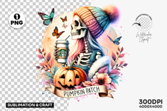 autumn girl clipart, skeleton pumpkin png, fall halloween sublimation, spooky cute clipart, halloween girl design, pumpkin skeleton png, fall season clipart, cozy halloween design, autumn skeleton art, skeleton girl png