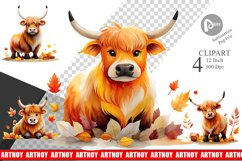 Autumn Highland Cow Watercolor Clipart Product Image 1