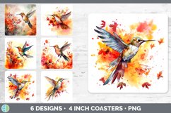 Bundle of six Watercolor Hummingbirds Square Coaster designs.