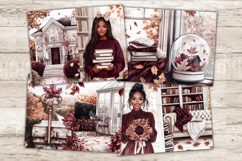 GlamArtZhanna, Fall Junk Journal Paper, Autumn Junk Journal Pages, Autumn Home Collage Sheet, Fall Season Scrapbook Paper, African American Girl Junk Journal Kit, Burgundy Autumn Journal Card, Pumpkin Journaling Pages, Cozy Home Ephemera, Autumn Reading J