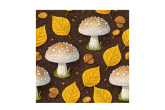 mushroom autumn, forage harvest, realistic woodland, earthy tones, fallen leaves, nature pattern, porcini chanterelle, hedgehog mushroom, seamless background, digital paper, printable art, junk journal, scrapbook paper, commercial use, digital download, m