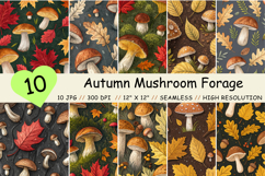 autumn mushroom forage, realistic woodland design, earthy harvest pattern, fallen leaves background, porcini chanterelle paper, hedgehog mushroom art, mossy ground texture, maple leaf mushroom, forest floor design, camping forage art