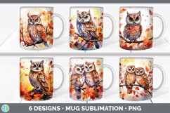 Bundle of six Watercolor Owls Mug Wrap designs.