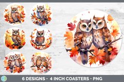 Bundle of six Watercolor Owls Round Coaster designs.