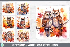 Bundle of six Watercolor Owls Square Coaster designs.