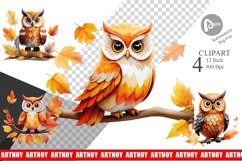 Autumn Owl Watercolor Clipart Product Image 1
