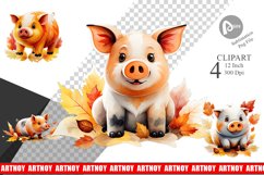 Autumn Pig Watercolor Clipart Product Image 1