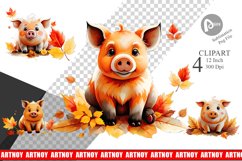 Autumn Pig Watercolor Clipart Product Image 1