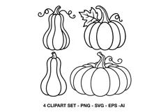 Pumpkin and gourd line art illustrations with clean black outlines