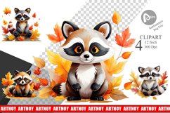 Autumn Raccoon Watercolor Clipart Product Image 1