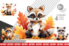 Autumn Raccoon Watercolor Clipart Product Image 1