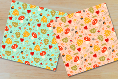 Seamless autumn pattern with mushrooms, oak leaves, acorns, and berries on a dark background. Perfect for fall digital paper, sublimation, and scrapbooking.