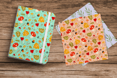 Seamless autumn pattern with mushrooms, oak leaves, acorns, and berries on a dark background. Perfect for fall digital paper, sublimation, and scrapbooking.