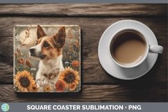 GorgeousAutumn Sunflower Dog Square Coaster design.