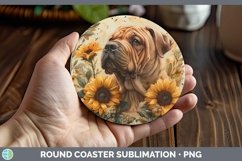 GorgeousAutumn Sunflower Dog Round Coaster design.