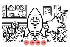 Line Art Kids Rocketship Toy Room Illustration Product Image 1