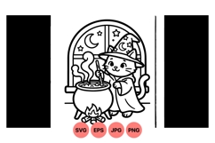 Cute Witch Cat Stirring Cauldron Halloween SVG Design Product Image 1